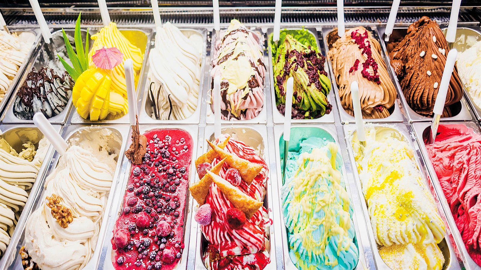  Display of many gelato flavors.